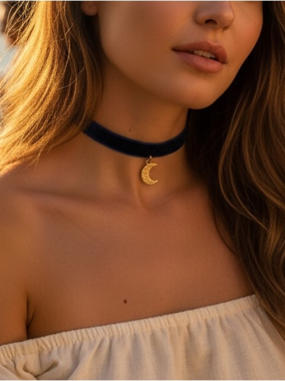 Royal blue Choker Necklace with Gold Moon Charm